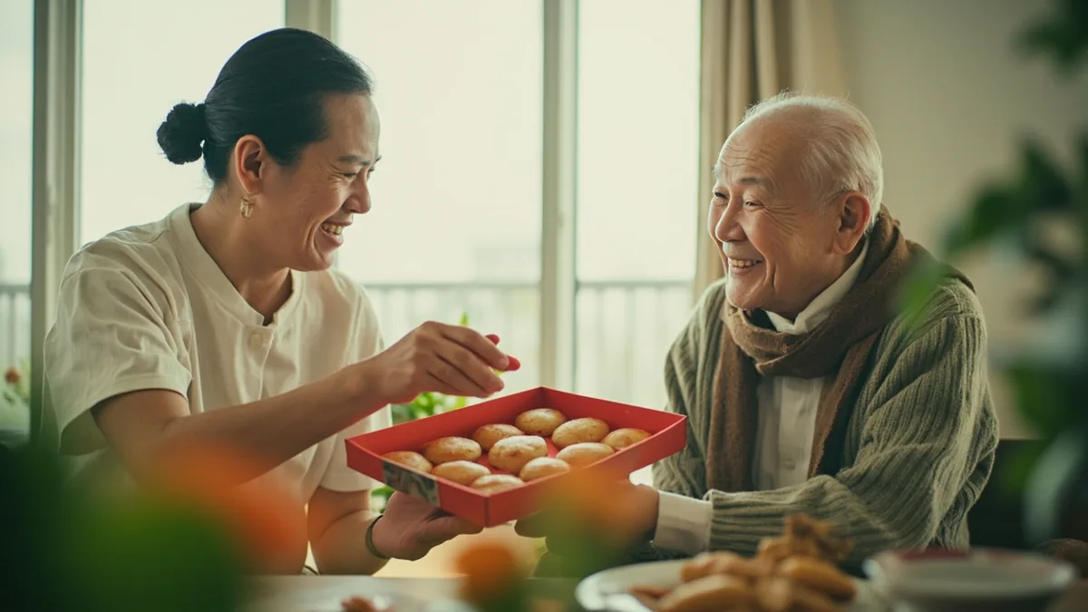 An adult presents a gift of festive pastries to a relative, illustrating “happy mid-autumn festival to you and your family” in Chinese: 祝你和家人中秋节快乐 (zhù nǐ hé jiārén Zhōngqiūjié kuàilè)
