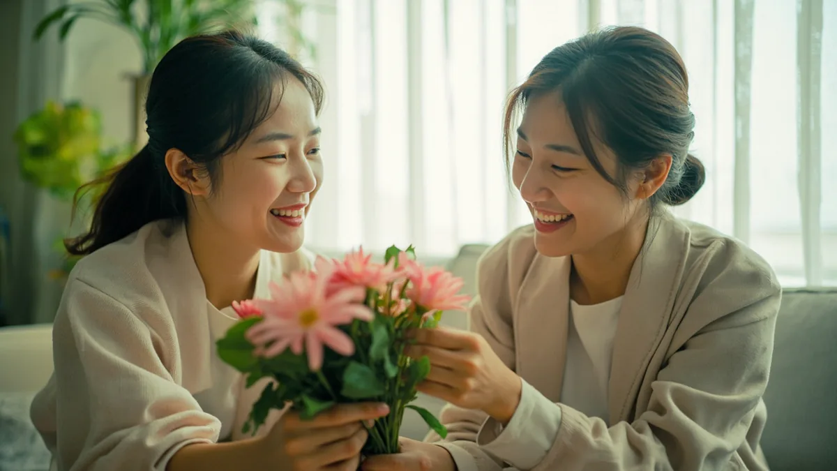 A grown child presents a small bouquet of flowers to their mother, illustrating “happy mother's day” in Chinese: 母亲节快乐 (Mǔqīnjié kuàilè)