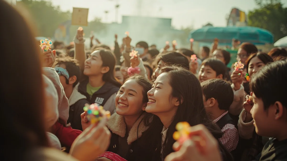 People gather in a public square celebrating a special day, illustrating “happy national day” in Chinese: 国庆节快乐 (Guóqìngjié kuàilè)