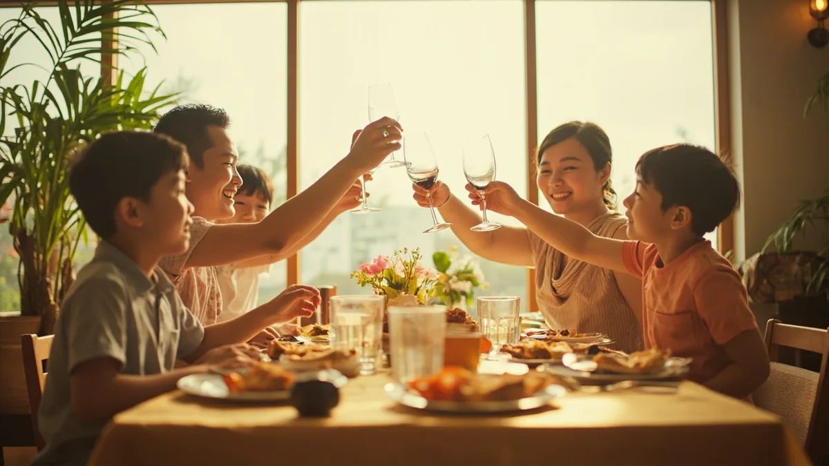 A family shares a festive meal during a major annual celebration, illustrating “happy New Year” in Chinese: 新年快乐 (xīnnián kuàilè)