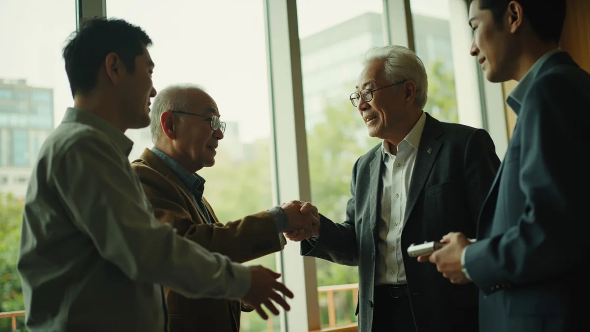 Colleagues gather to celebrate an older person's retirement with warm wishes, illustrating “happy retirement” in Chinese: 退休快乐 (tuìxiū kuàilè)
