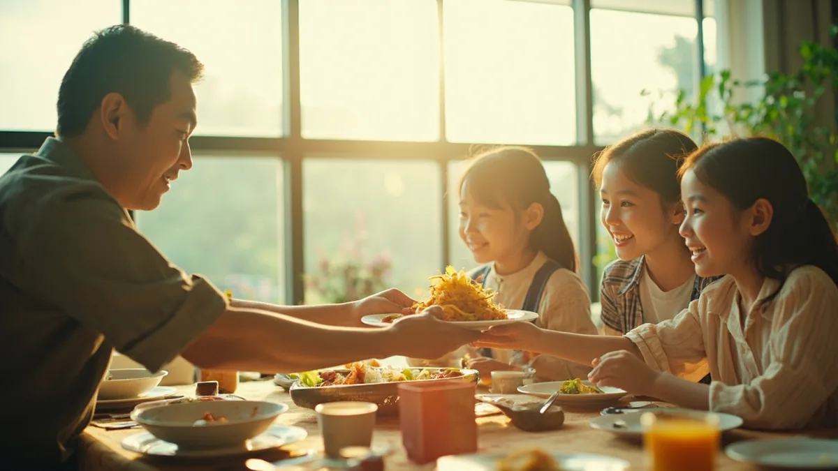 A group of adults and children gather for a warm holiday dinner, illustrating “happy thanksgiving” in Chinese: 感恩节快乐 (Gǎn'ēnjié kuàilè)