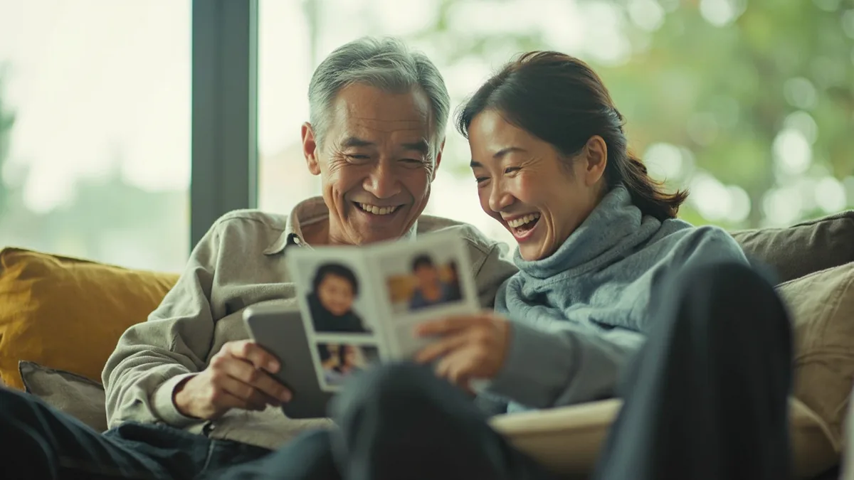 Two adult friends laugh together while looking at old photos on a tablet, illustrating “happy time” in Chinese: 快乐时光 (kuàilè shíguāng)