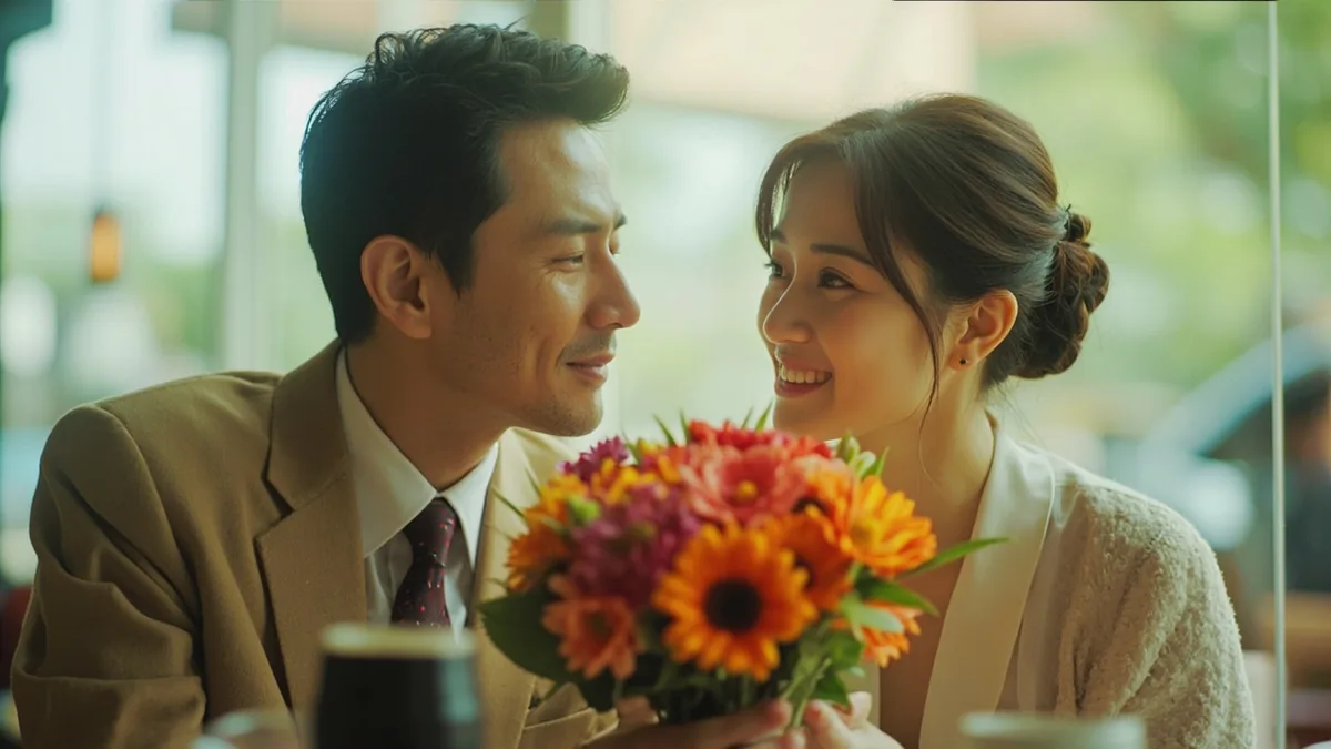A person gives a bouquet of flowers to their partner with a loving gesture, illustrating “happy valentine's day” in Chinese: 情人节快乐 (qíngrénjié kuàile)