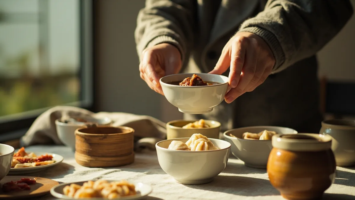 A family shares bowls of warm tangyuan during a winter meal, illustrating “happy winter solstice” in Chinese: 冬至快乐 (Dōngzhì kuàilè)