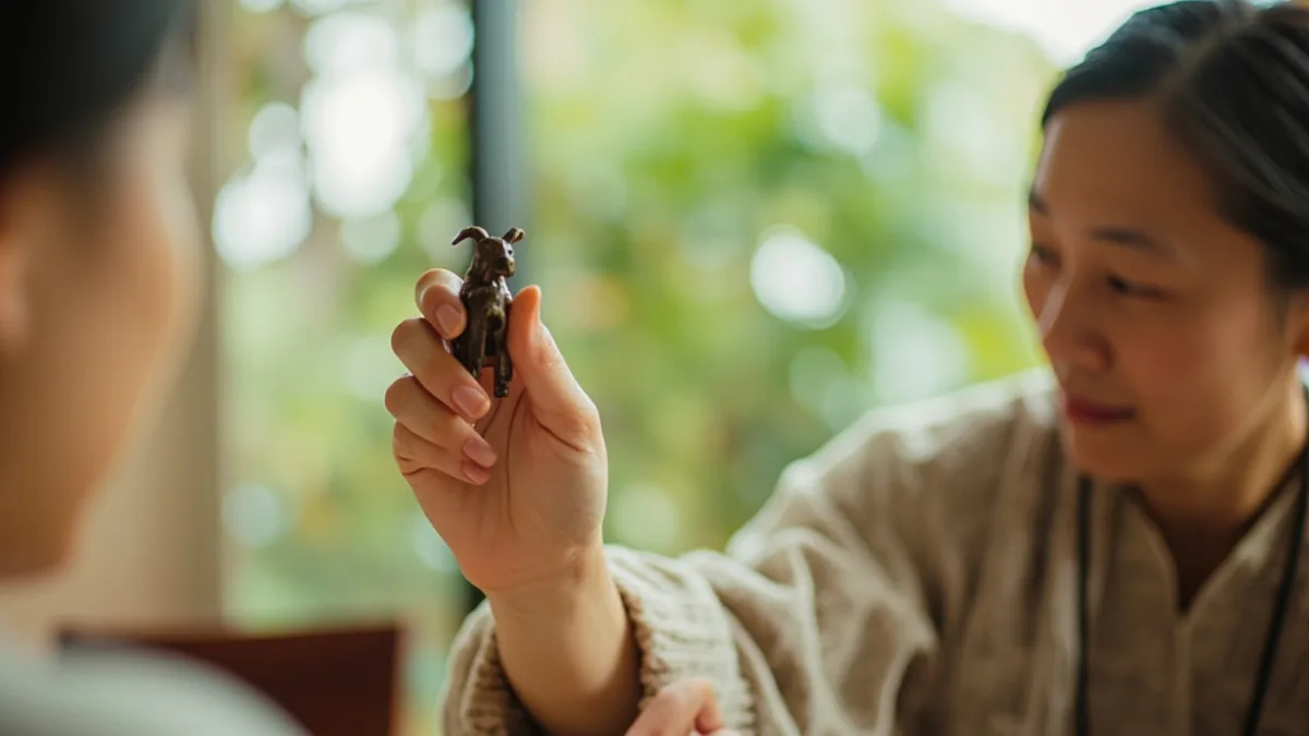 A person holds a decorative goat figurine during a festive period, illustrating “happy year of the goat” in Chinese: 羊年大吉 (yángnián dàjí)