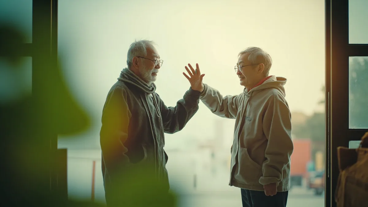 An adult waves goodbye to a friend leaving a community center, illustrating “have a good day” in Chinese: 祝你今天过得愉快 (zhù nǐ jīntiān guò de yúkuài)