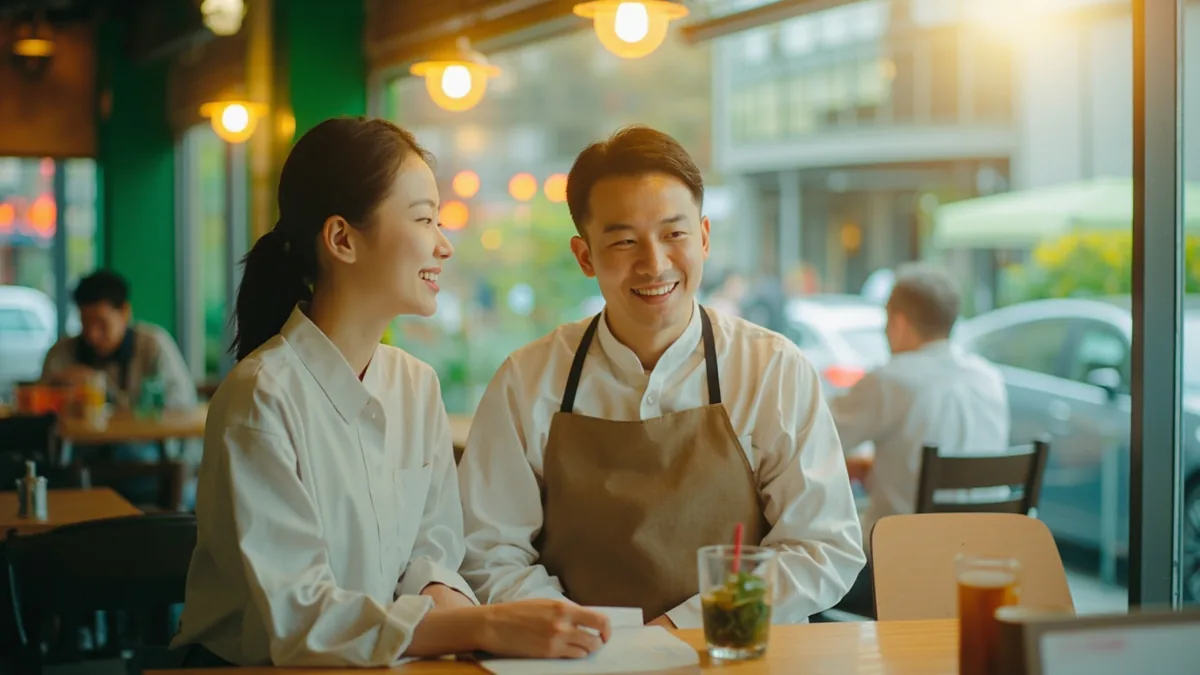 A cafe worker smiles and nods as a customer departs, illustrating “have a nice day” in Chinese: 希望你今天过得愉快 (xīwàng nǐ jīntiān guò de yúkuài)