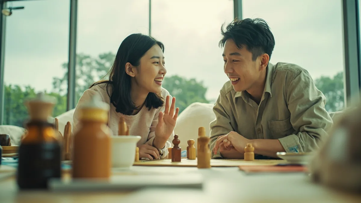Two young friends laugh as they start playing a game, illustrating “have fun” in Chinese: 玩得开心 (wán de kāixīn)