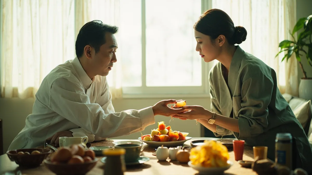 A host offers a guest a bowl of fresh fruit, illustrating “have some fruit” in Chinese: 吃水果吧 (chī shuǐguǒ ba)