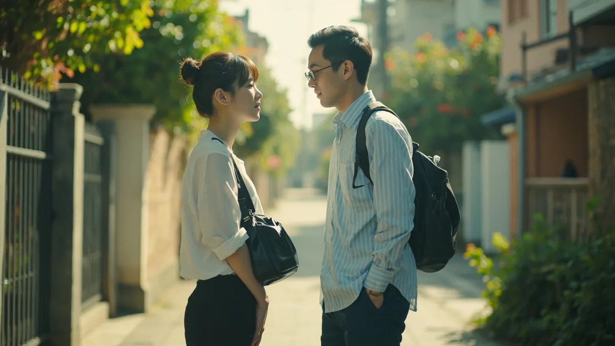 Two neighbors greet each other outside their homes, illustrating “have you eaten” in Chinese: 你吃饭了吗？ (nǐ chīfàn le ma?)