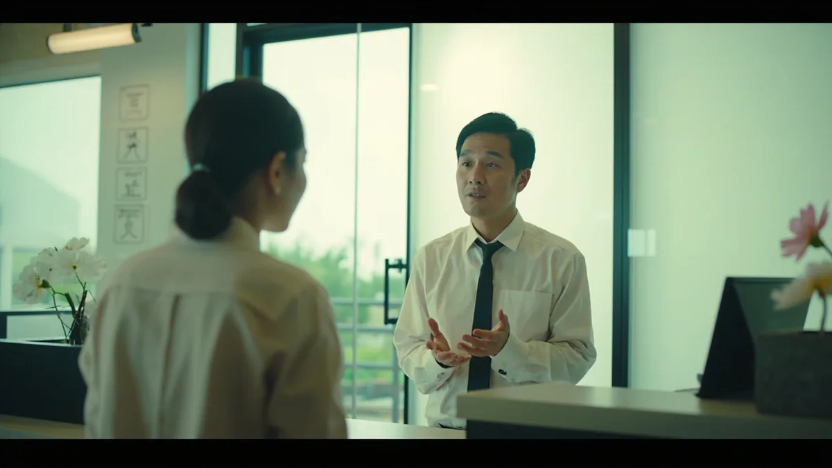A receptionist explains that someone is unavailable, illustrating “he's not in right now” in Chinese: 他现在不在 (tā xiànzài bùzài)