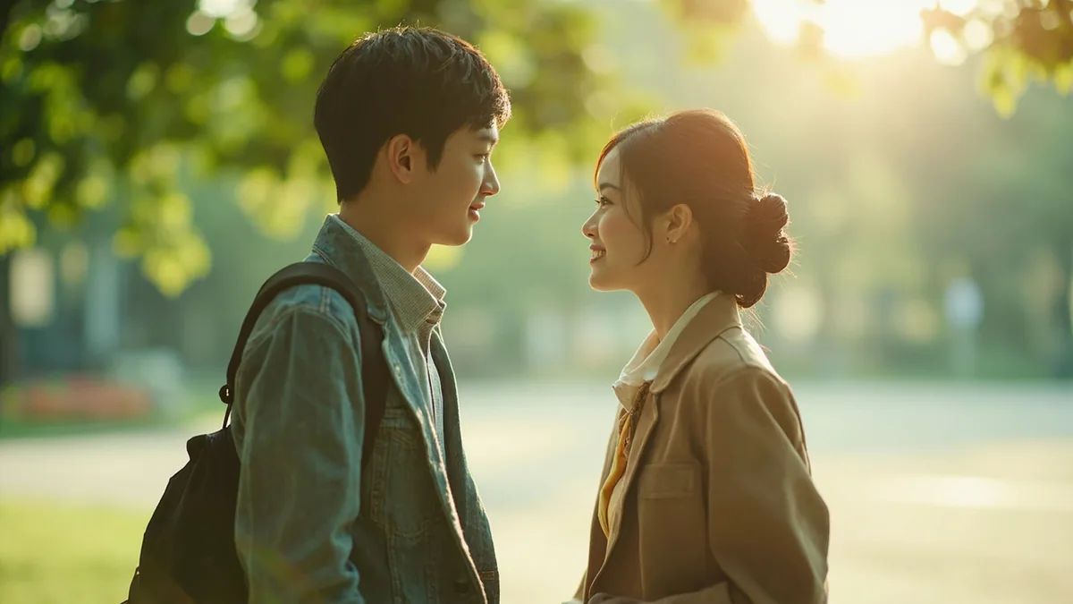 Two friends exchange a warm greeting on a sunny morning, illustrating “hello how are you today” in Chinese: 你好，你今天过得好吗？ (nǐhǎo, nǐ jīntiān guò de hǎo ma?)