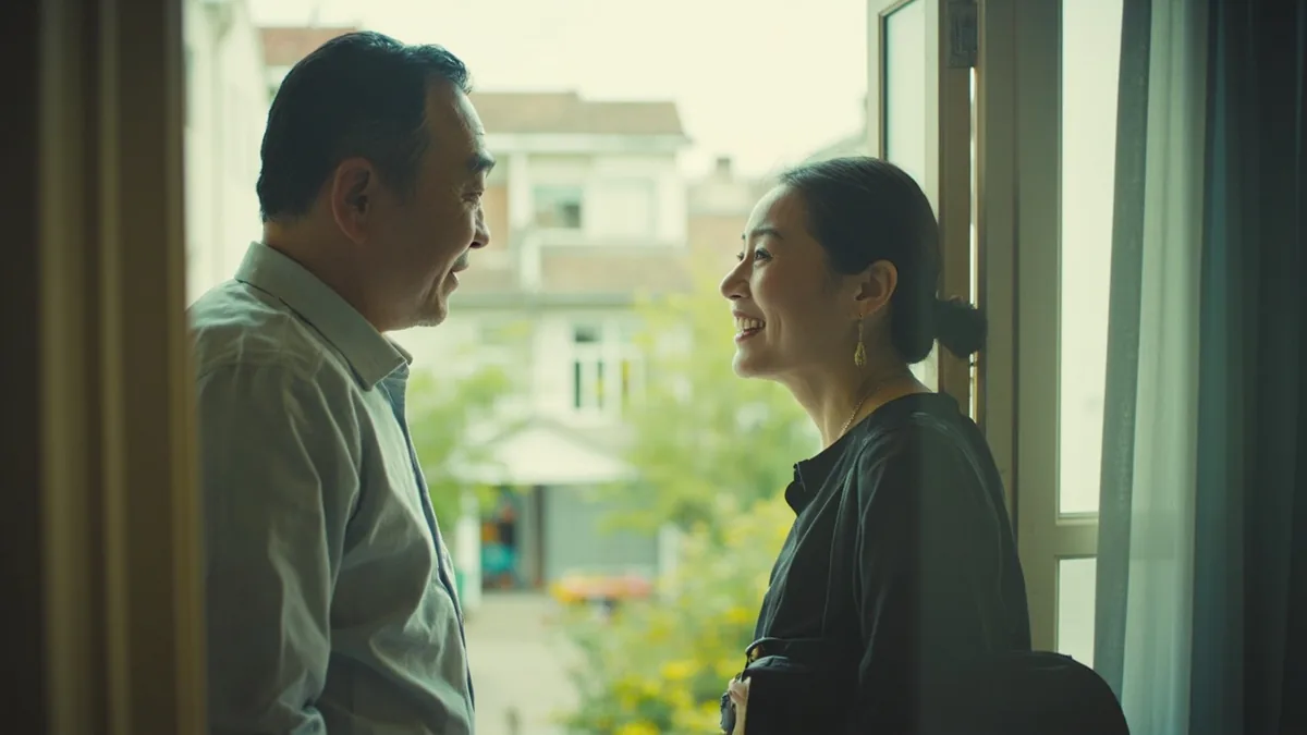 Two adults greet each other with a friendly nod and smile, illustrating “hello” in Chinese: 你好 (nǐ hǎo)