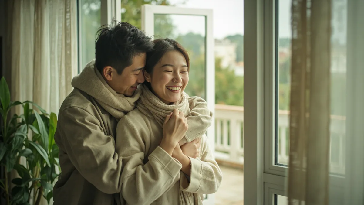 A person embraces their partner warmly after work, illustrating “hello love” in Chinese: 你好，亲爱的 (nǐ hǎo, qīn'ài de)