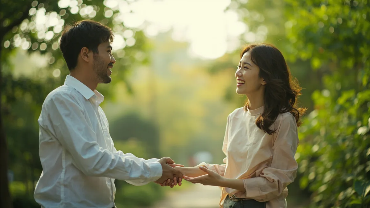Two friends exchange a cheerful greeting at a park entrance, illustrating “hello my friend” in Chinese: 你好，朋友 (nǐhǎo, péngyou)