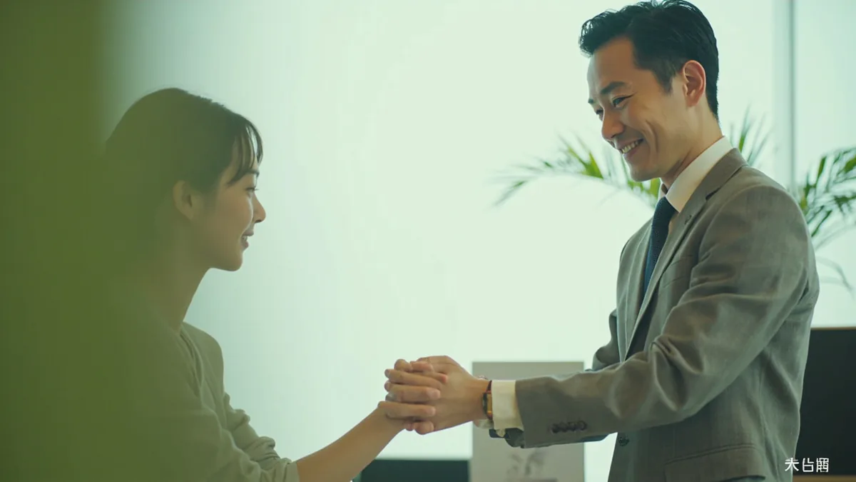 A young professional introduces herself to a new colleague, illustrating “hello my name” in Chinese: 你好，我叫 (nǐ hǎo, wǒ jiào)