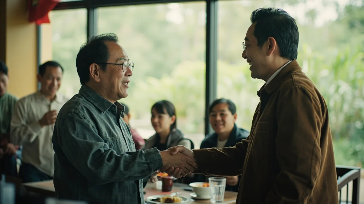 Two adults shake hands during a first meeting at a community event, illustrating “hello nice to meet you” in Chinese: 你好，很高兴认识你 (nǐ hǎo, hěn gāoxìng rènshi nǐ)