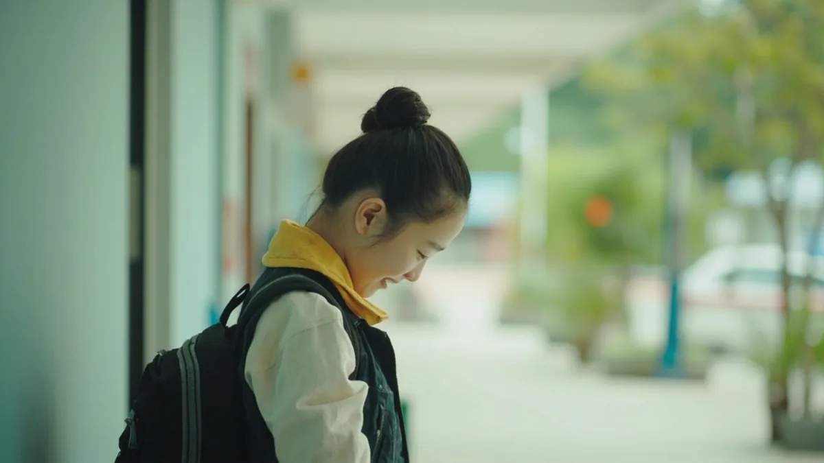 A student politely greets their teacher in a classroom hallway, illustrating “hello teacher” in Chinese: 老师好 (lǎoshī hǎo)