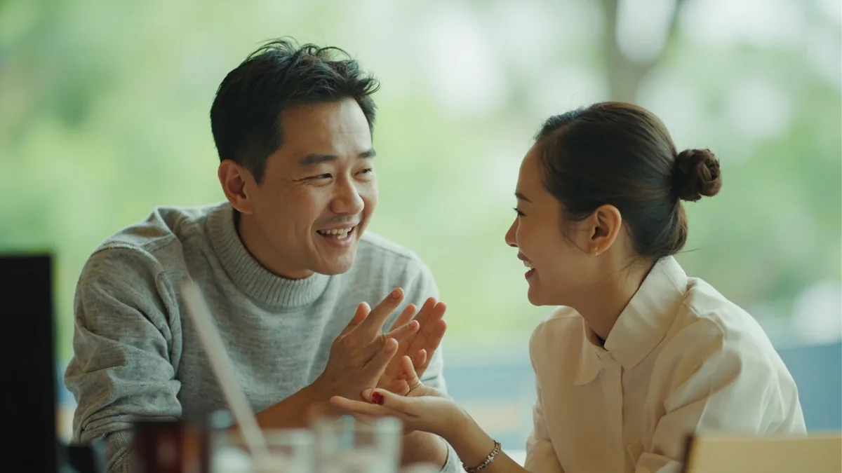 An adult asks a new acquaintance their name at a casual gathering, illustrating “hello what is your name” in Chinese: 你好，你叫什么名字？ (nǐ hǎo, nǐ jiào shénme míngzi?)