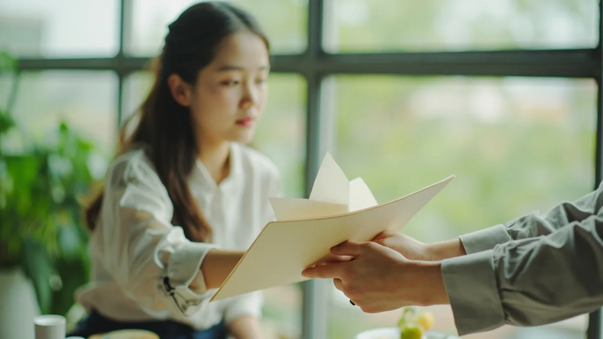 Two colleagues exchange a plain folder, one presenting findings to the other, illustrating “here is the data” in Chinese: 数据在这里 (shùjù zài zhèlǐ.)