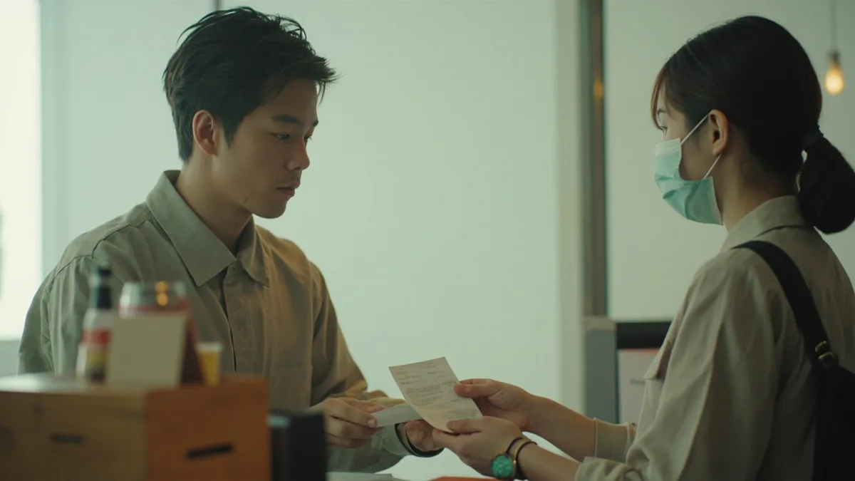 A cashier gives a customer a blank receipt at a checkout counter, illustrating “here is your receipt” in Chinese: 这是您的收据 (zhè shì nín de shōujù)