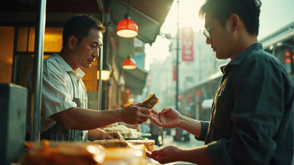 A vendor counts out change to a customer at an outdoor food stand, illustrating “here's 2,000 in change” in Chinese: 找您两千 (zhǎo nín liǎngqiān)