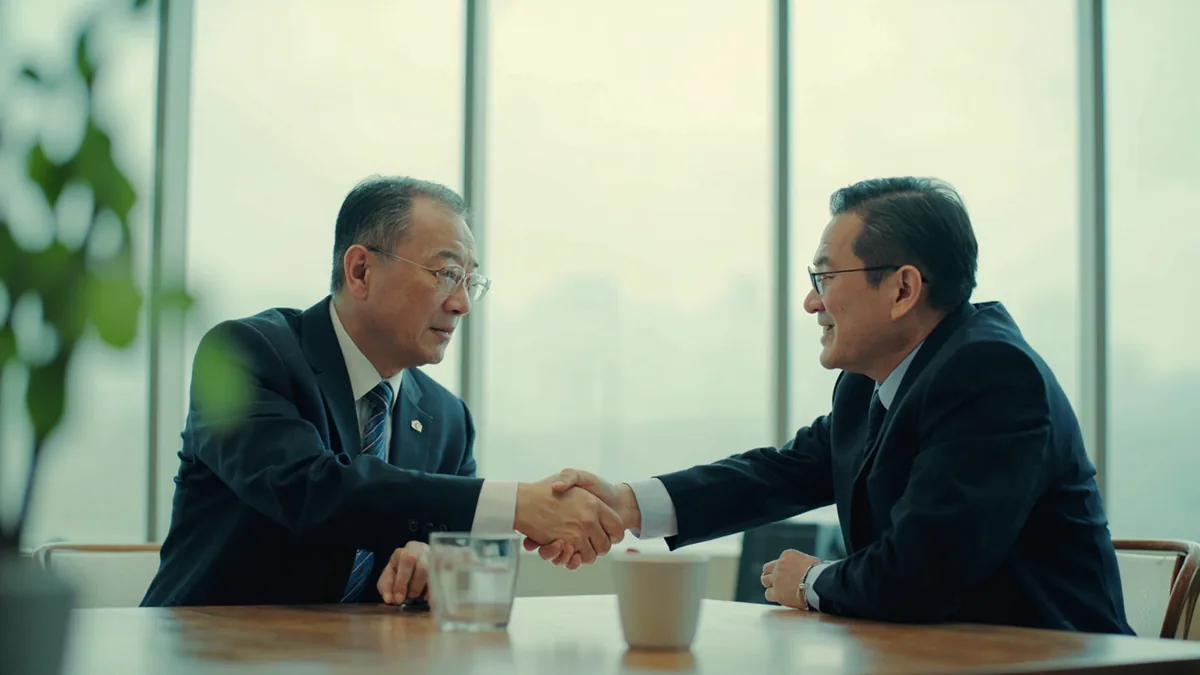 Two business associates shake hands firmly after a meeting, illustrating “here's to a good partnership” in Chinese: 合作愉快 (hézuò yúkuài)