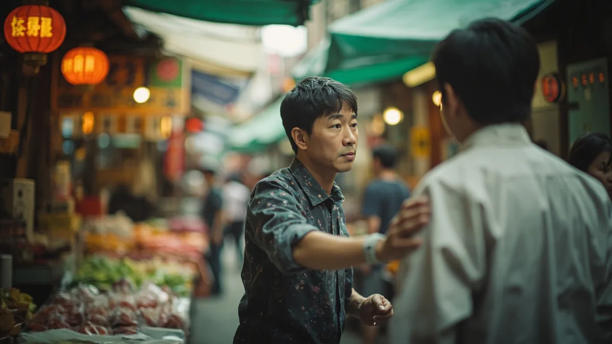 One friend lightly taps another's shoulder to get their attention, illustrating “hey” in Chinese: 嘿 (hēi)