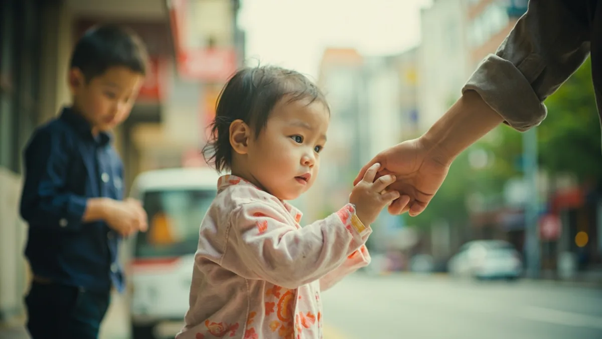 An adult's hand gently takes a child's small hand while walking, illustrating “hold my hand” in Chinese: 牵着我的手 (qiānzhe wǒ de shǒu)
