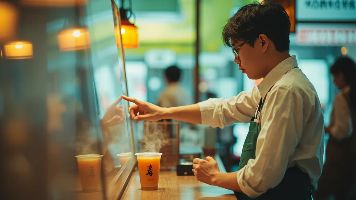 An adult customer specifies a hot beverage at a cafe counter, illustrating “hot one, please” in Chinese: 要热的 (yào rè de)