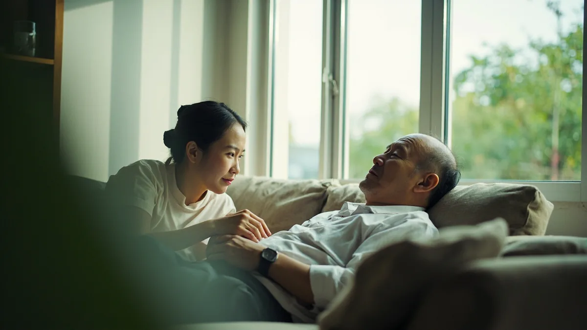 A thoughtful person gently inquires about a friend's well-being, illustrating “how are you feeling” in Chinese: 你感觉怎么样? (nǐ gǎnjué zěnmeyàng?)