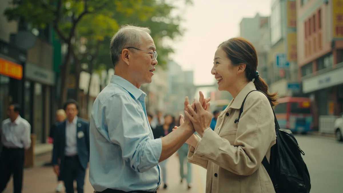 Two acquaintances greet each other warmly on a street, illustrating “how are you” in Chinese: 你好吗 (nǐ hǎo ma)
