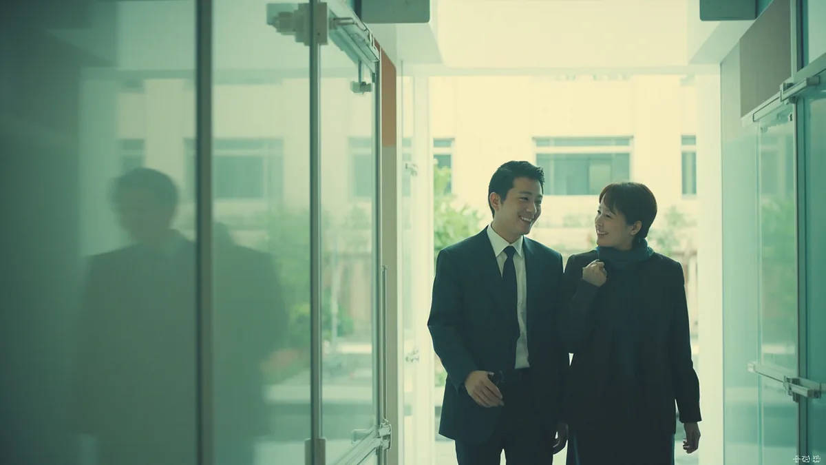 A colleague greets another in a friendly way at work, illustrating “how are you today” in Chinese: 你今天怎么样？ (nǐ jīntiān zěnmeyàng?)