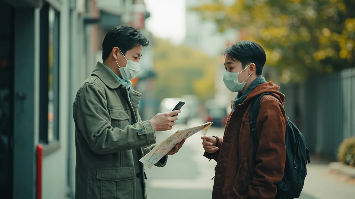 A pedestrian asks a local resident for directions on a street, illustrating “how do I get there” in Chinese: 怎么走？ (zěnme zǒu?)