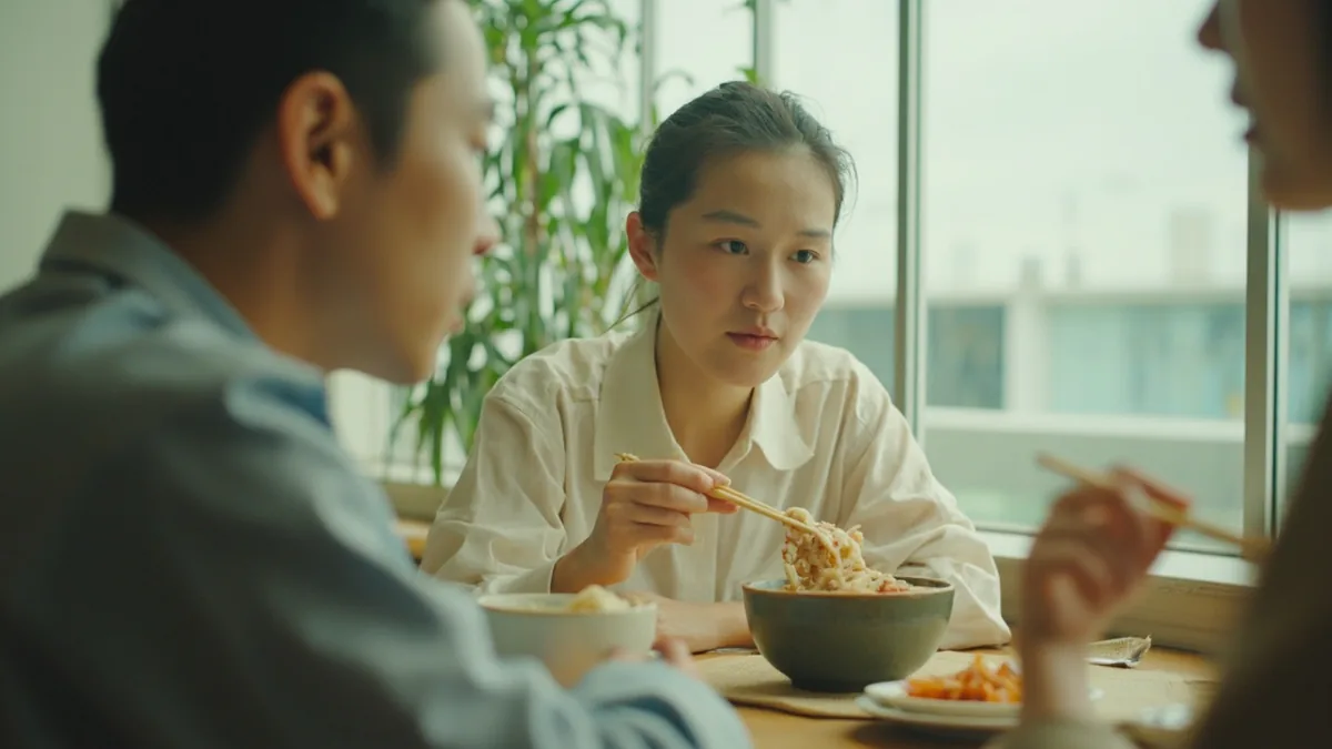 A diner looks quizzically at an unfamiliar dish on a table, illustrating “how do you eat this” in Chinese: 这个怎么吃？ (zhège zěnme chī?)