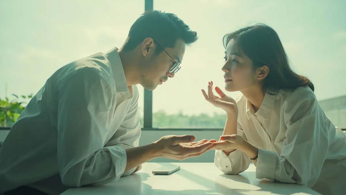 A team leader checks on a colleague's work status at a casual meeting, illustrating “how is the progress” in Chinese: 进度怎么样？ (jìndù zěnmeyàng?)