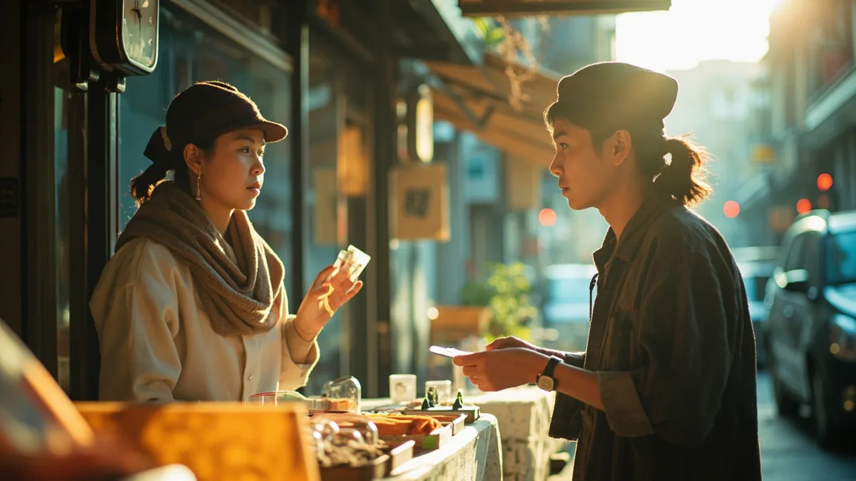 A customer asks about closing time at a small neighborhood business, illustrating “how late are you open” in Chinese: 营业到几点？ (yíngyè dào jǐ diǎn?)