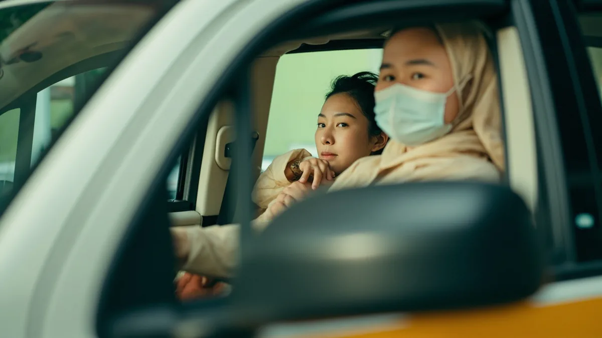 A traveler asks a taxi driver about the estimated travel time, illustrating “how long will it take” in Chinese: 多长时间能到？ (duō cháng shíjiān néng dào?)