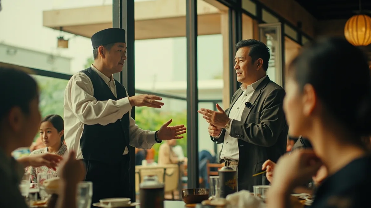 A restaurant greeter asks an arriving group about their party size, illustrating “how many people” in Chinese: 几位？ (jǐ wèi?)
