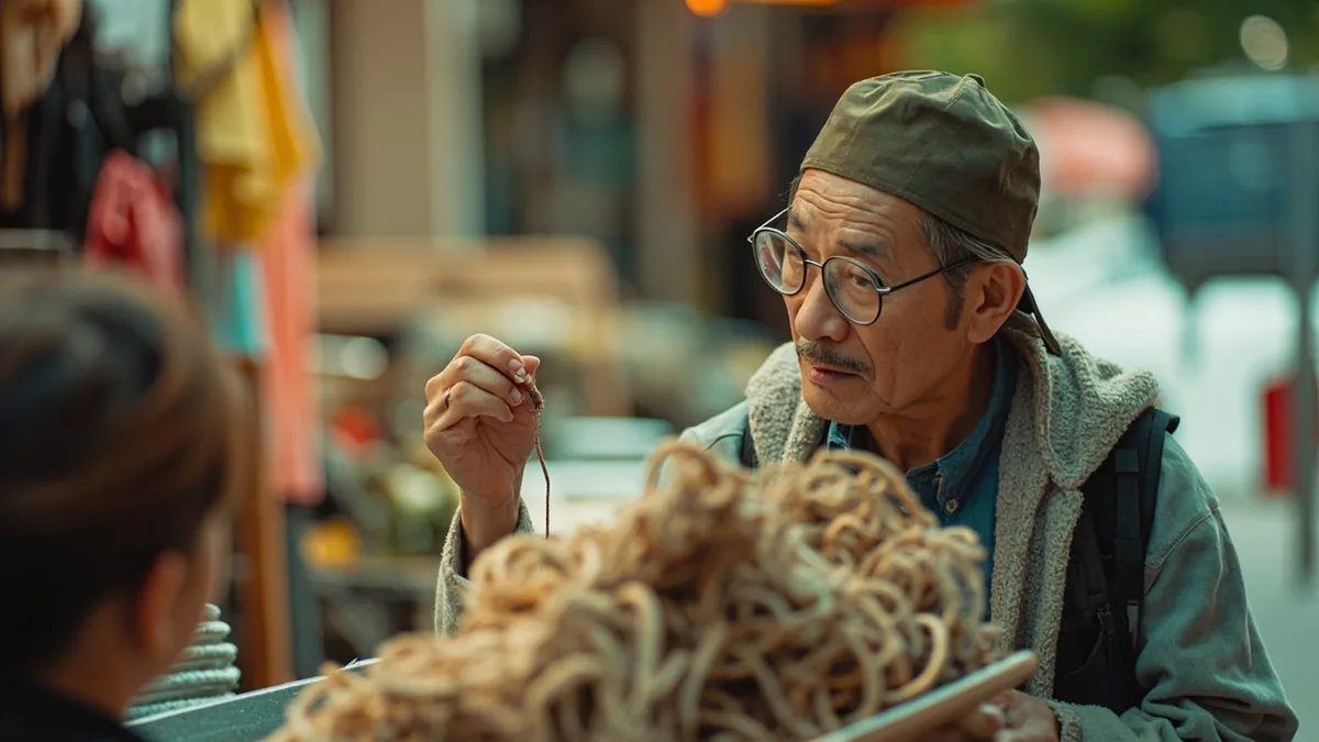 A shopper bargains with a vendor over the price of an item, illustrating “how much can you come down” in Chinese: 能便宜多少？ (néng piányi duōshao?)