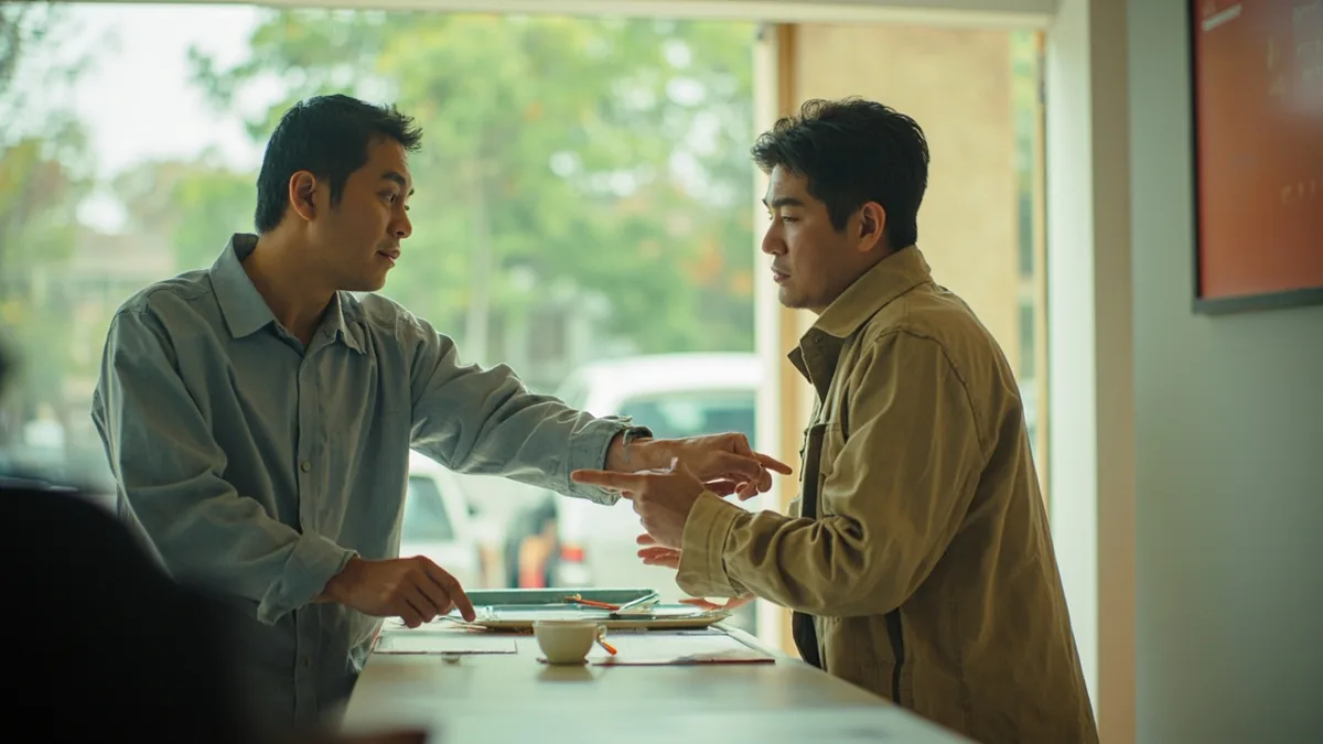 A person points at a counter, asking about admission, illustrating “how much is admission” in Chinese: 门票多少钱？ (ménpiào duōshao qián?)