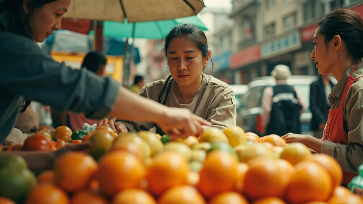 A customer points to a fruit and asks its price at a market stall, illustrating “how much is it” in Chinese: 多少钱？ (duōshao qián?)