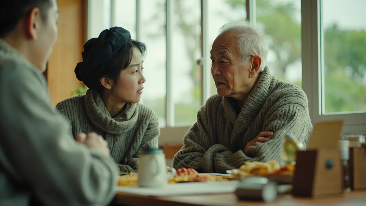 A younger adult politely asks an elder about their age during a community gathering, illustrating “how old are you (polite)” in Chinese: 您多大年纪？ (nín duōdà niánji?)