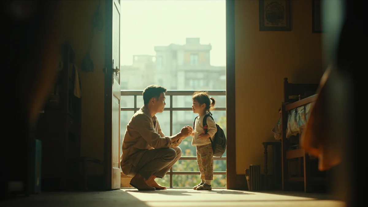 A parent warmly greets their child returning home from school, illustrating “how was school today” in Chinese: 今天在学校怎么样？ (jīntiān zài xuéxiào zěnmeyàng?)