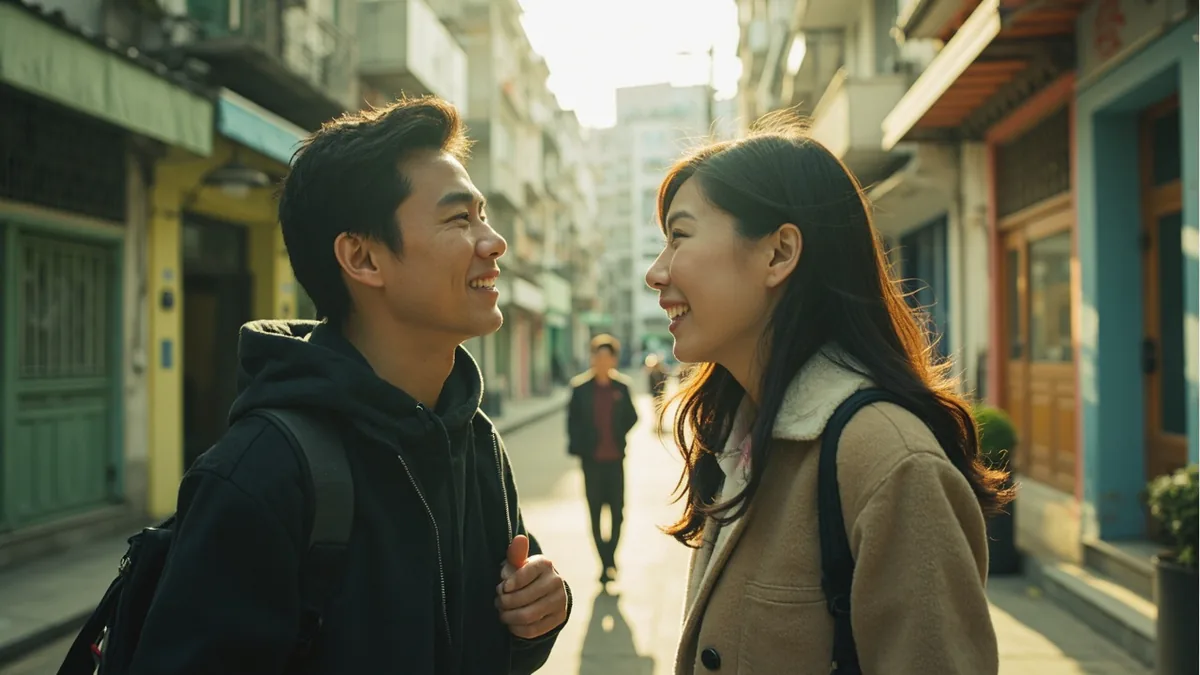 Two friends exchange a casual greeting on a quiet street corner, illustrating “how you doing” in Chinese: 你怎么样 (nǐ zěnmeyàng)
