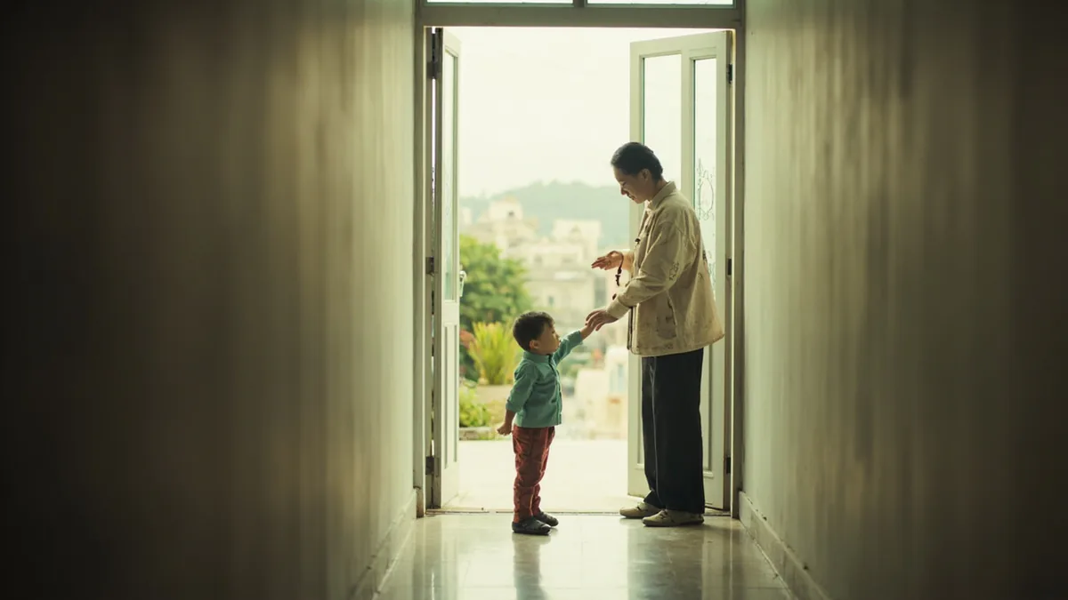 A parent gently urges their child to hurry up while getting ready, illustrating “hurry up” in Chinese: 快点 (kuàidiǎn)
