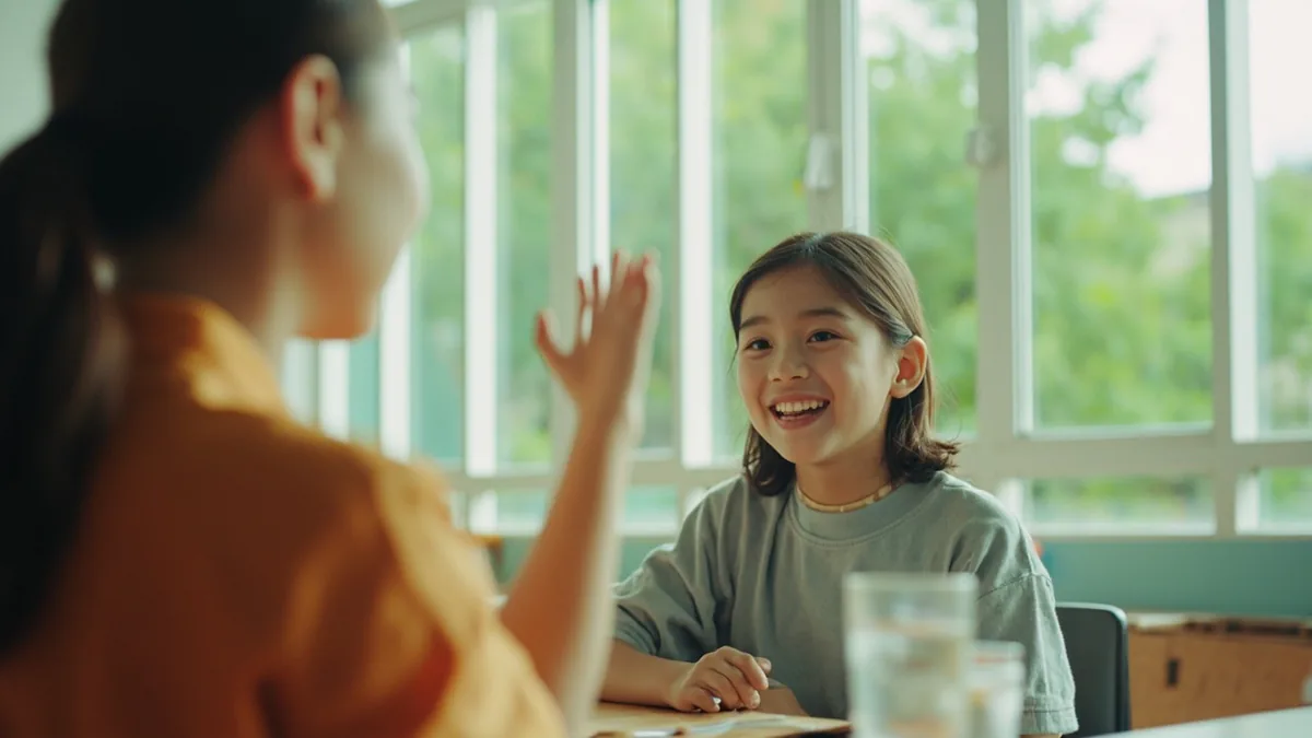 A student confidently raises a hand to answer a question, illustrating “I can speak” in Chinese: 我会说 (wǒ huì shuō)