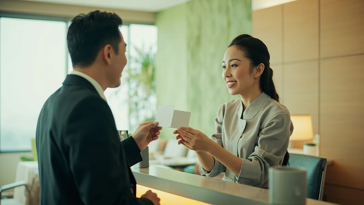 A guest hands a key card to a hotel staff member, illustrating “I'd like to check out” in Chinese: 我要退房 (wǒ yào tuìfáng)