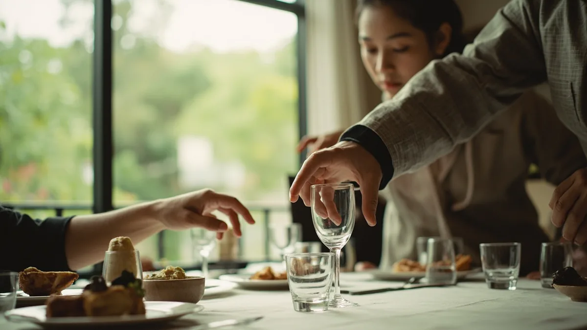 A guest politely declines an offered glass of wine, illustrating “I don't drink” in Chinese: 我不喝酒 (wǒ bù hējiǔ)
